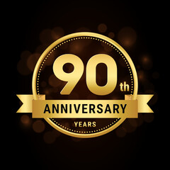 90th anniversary, anniversary celebration template design with gold ribbon. Logo vector illustration
