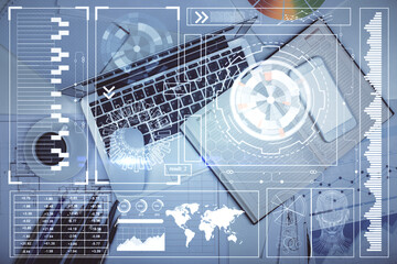 Multi exposure of data drawing hologram over topview of study desk background with computer. Concept of technology.