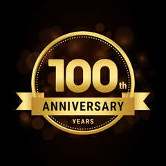 100th anniversary, anniversary celebration template design with gold ribbon. Logo vector illustration