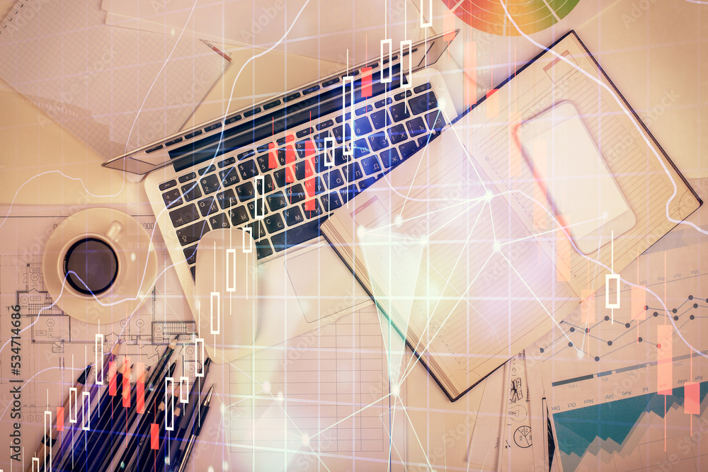 Poster multi exposure of forex chart drawing over table background with computer. concept of financial rese