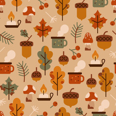 Seamless vector pattern with autumn vibe. Autumn things: yellow leaves, mushroom, candle, berry, tree brunch, acorn, travel cup. Fall background for textile, wallpapers, posters, etc.