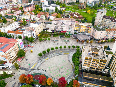 Pristina Modern City Center and Residential Buildings. Aerial View over Capital of Kosovo. Balkans. Europe. 