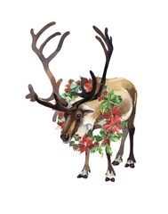 Watercolor reindeer and christmas wreath