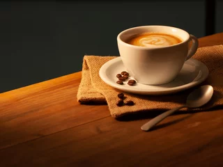 Crédence de cuisine en verre imprimé Bar a café Café au lait dans une tasse en porcelaine avec serviette et grains de café sur planche de bois. Café au lait dans une tasse en porcelaine avec serviette et grains de café sur planche de bois.