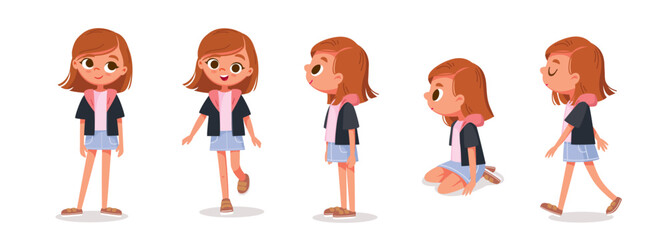 Vector set. Little girl with big eyes and long brown red hair in various poses, standing, jumping and walking. Cartoon characters.
