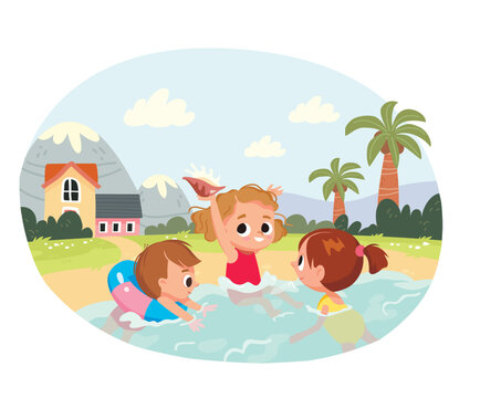 Kids bathing and swimming in blue river, lake, sea. Palms, mountains on background. Joyful children having a rest, enjoy summer vacation, sunbathing on seaside, girl found a shell. Vector illustration