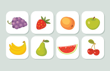 Set of fruits and berries icons, healthy food. Fruits vector collections. Food and meal vector isolated clipart. Assortment of different fruits and berries.