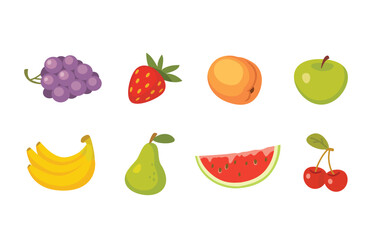 Fruits vector collections. Set of fruits and berries icons, healthy food. Food and meal vector isolated clipart. Assortment of different fruits and berries.