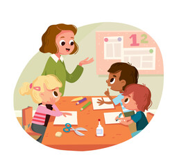 Teacher and kids make paper DIY. Creative Arts and Crafts Classes. After School Activities. Woman teach children, pupils to do things from paper at classroom. Creative children learn to do handicrafts