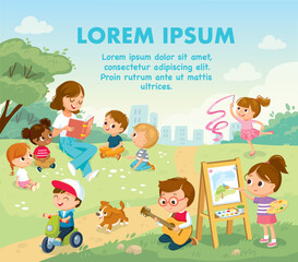Fototapeta na wymiar Group of children having fun, spending time in games, playing, fooling around on lawn. Summer events. Kids in park, summer camp. Nanny, teacher, mother reads book to children. Girl paints watercolor.