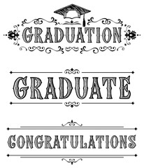 Happy Graduation day. Congratulations in Victorian style. Design of greeting cards in vintage style