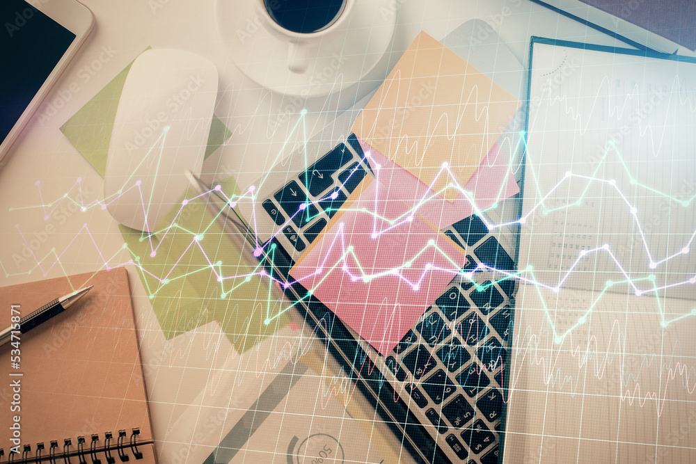 Poster Multi exposure of financial chart drawing over table background with computer. Concept of research and analysis. Top view.