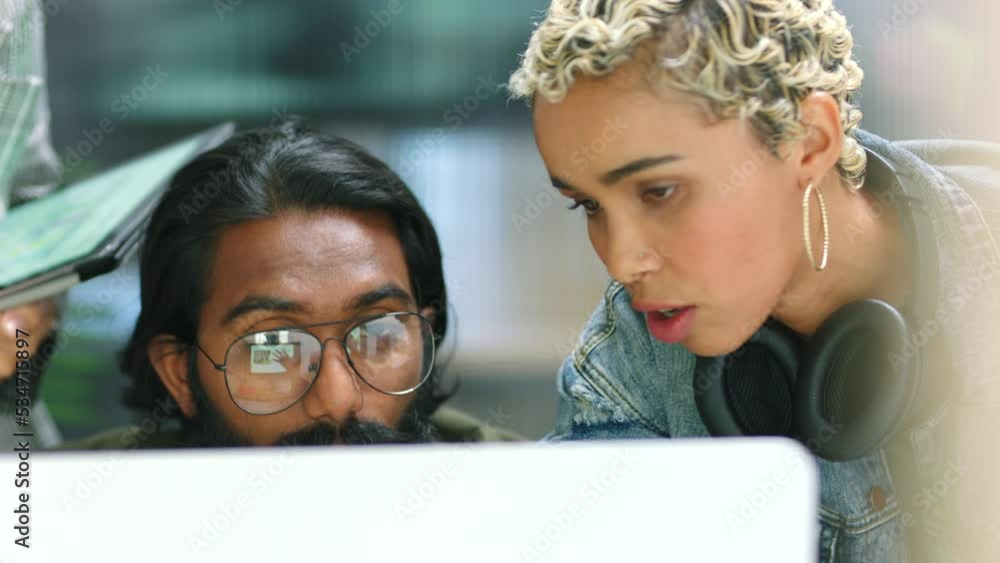 Aufkleber Teamwork, collaboration and diversity with a design team working on a computer in their creative office. A group of young business people at work and in discussion for marketing and advertising