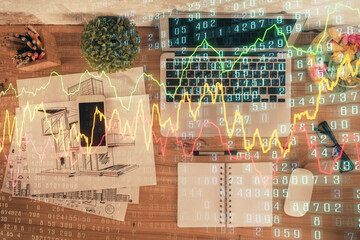 Multi exposure of financial chart drawing over table background with computer. Concept of research. Top view.