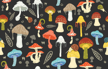 Cute mushrooms seamless repeated pattern on a black background. Vector seamless pattern with edible raw mushrooms. Flat Vector Illustration