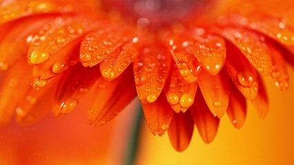 Super slow motion of falling drops of water on orange gerbera blossom. Filmed on high speed cinema camera Phantom VEO 4k, 1000 fps. Macro shot. - Powered by Adobe