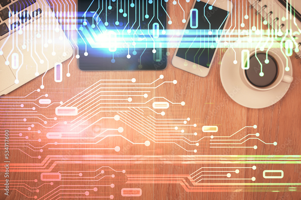 Poster double exposure of technology theme drawing over work table desktop. top view. global data analysis 