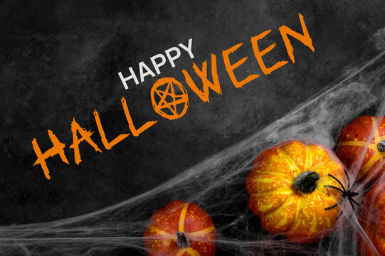 happy halloween background with pumpkins covered in webs with spider.