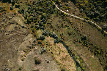 Aerial top down view of a small river between green and yellow trees on the autumn hill. Drone shot of a small river.