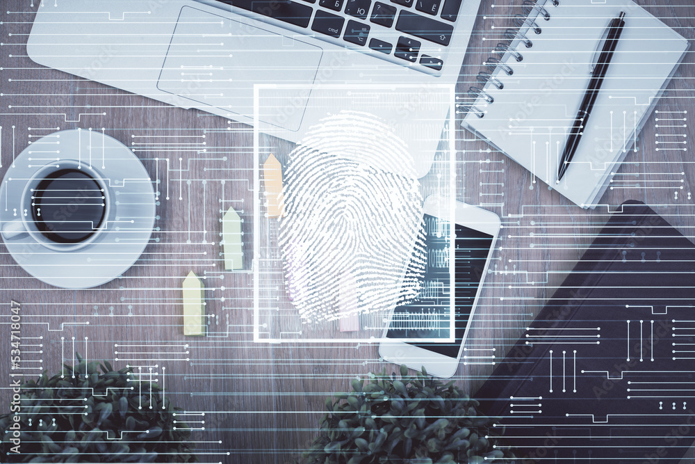Poster Double exposure of finger print over table with phone. Top view. Concept of mobile security.