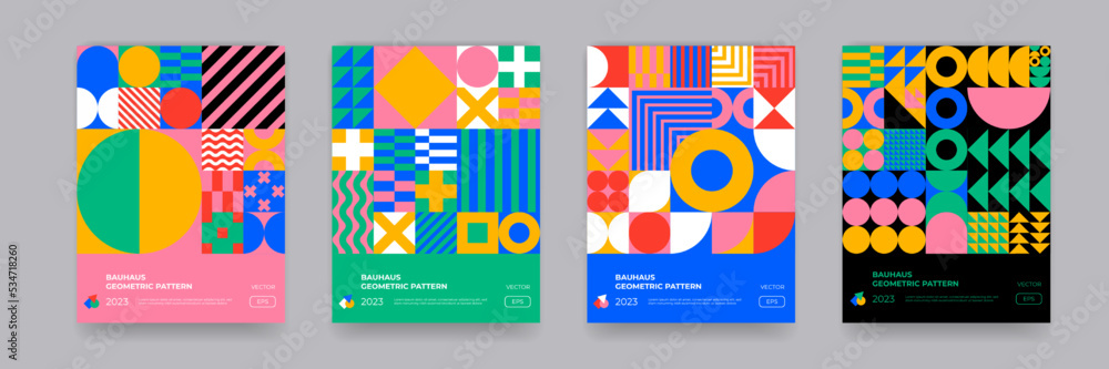 Fototapete Abstract geometric pattern background, vector circle, triangle and square lines art design. Colored pattern background, posters set