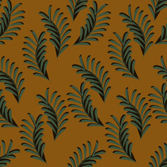 Seamless pattern with beautiful palm leaves on orange background. Vector illustration with tropical leaf. Print for wallpaper and textile.