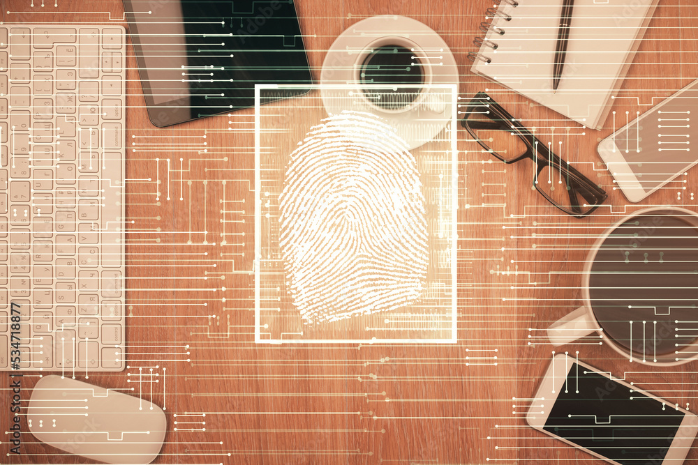 Poster Double exposure of finger print over table with phone. Top view. Concept of mobile security.