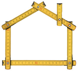 Yellow and orange folding ruler in the shape of house isolated on transparent background,...