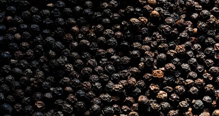 Top view of black pepper corns. Black pepper texture background, Indian spice background. Peppercorns in full frame. 