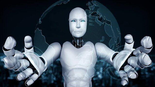 Futuristic robot artificial intelligence huminoid AI programming coding technology development and machine learning concept. Robotic bionic science research for future of human life. 3D rendering.