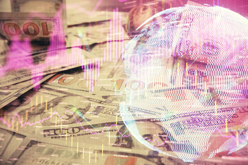 Multi exposure of forex chart drawing over us dollars bill background. Concept of financial success markets.