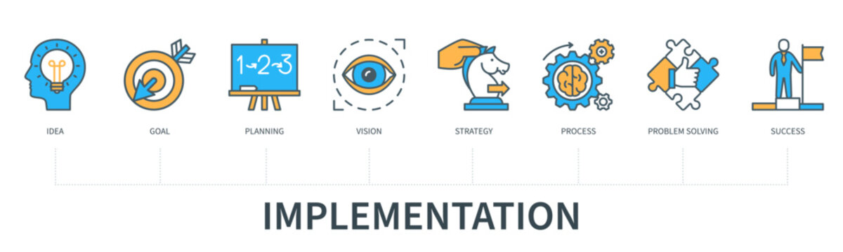 Implementation concept with icons in minimal flat line style