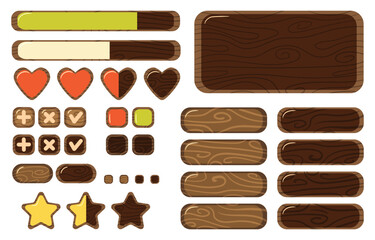 Game menu buttons. Games UI, gaming controller level of life. Stars, health and frame for text. Game boards with level score, win and lose banners for ui interface. Flat Vector Illustration