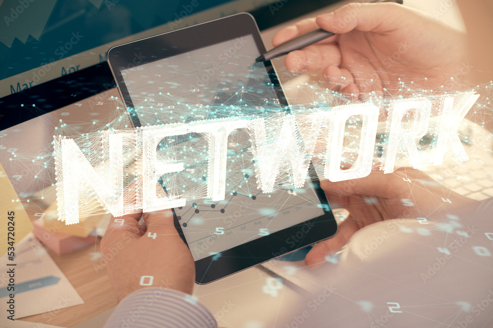 Poster Multi exposure of man's hands holding and using a digital device and data theme drawing. Innovation concept.