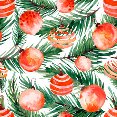Watercolor Vintage seamless pattern - Christmas pattern, a branch of spruce, pine, fir, cedar, pine needles, snow, frost with red Christmas balls. On a white background