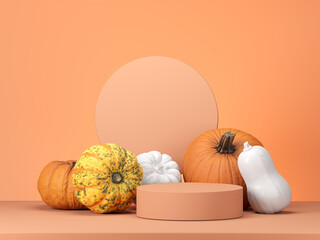 Halloween decorations on pastel color background. Podium or pedestal with pumpkins for products display or advertising for autumn holidays. 3d illustration for fall.