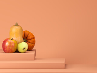 Halloween decorations on pastel color background. Podium or pedestal with pumpkins for products display or advertising for autumn holidays. 3d illustration for fall.