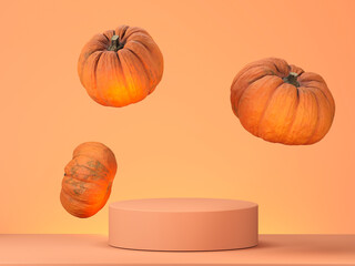 Halloween decorations on pastel color background. Podium or pedestal with pumpkins for products display or advertising for autumn holidays. 3d illustration for fall.
