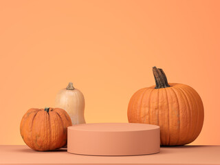 Halloween decorations on pastel color background. Podium or pedestal with pumpkins for products display or advertising for autumn holidays. 3d illustration for fall.