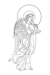 Angel with flute, black and white line drawing (Design Element)