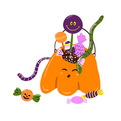 Pumpkin trick or treat bucket full of sweets and lollipops. Cute character basket with candies for Halloween celebration. Colored flat vector illustration isolated on white background