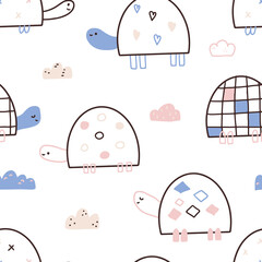 Cute doodle turtles seamless pattern in Scandinavian style. Funny tortoise. Childish, decorative design for kids nursery, baby fabric print, wallpaper. Vector hand drawn illustration