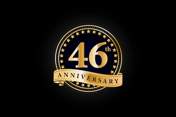 4th anniversary golden gold logo with gold ring and ribbon isolated on black background, vector design for celebration.
