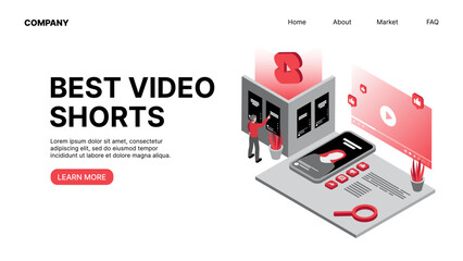 Best Video Shorts. Vlogging. Horizontal Web Landing Page. Vector illustration