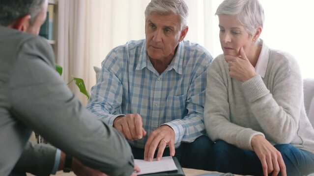 Retirement, investment and senior couple with financial advisor man, planning paperwork contract thank you or deal handshake. Certified finance bank or insurance planner help in home asset management