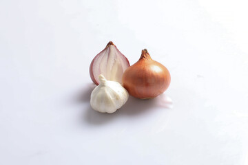 Onion and garlic slice isolated on white background