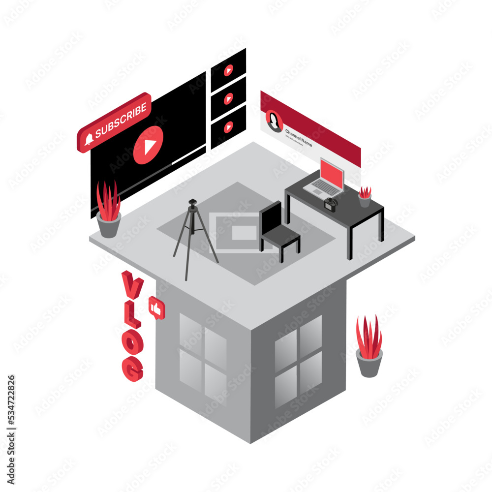 Poster vlogger studio illustration. vlogging. workplace with a laptop. camera on a tripod for streaming. ve