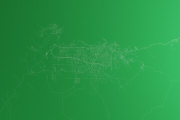Map of the streets of Malabo (Equatorial Guinea) made with white lines on green paper. Rough background. 3d render, illustration