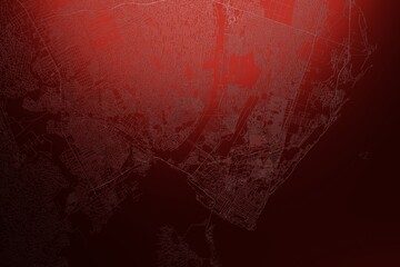 Street map of Maputo (Mozambique) engraved on red metal background. Light is coming from top. 3d render, illustration