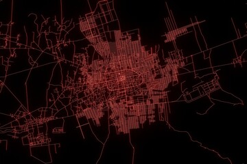 Street map of Mazar-i-Sharif (Afghanistan) made with red illumination and glow effect. Top view on roads network. 3d render, illustration